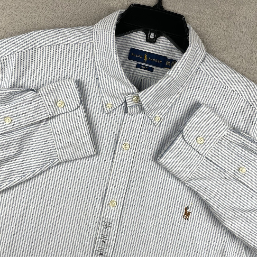 New Ralph Lauren Shirt Men 2XL Slim Blue Striped Flesh Pony Button Down Oxford
